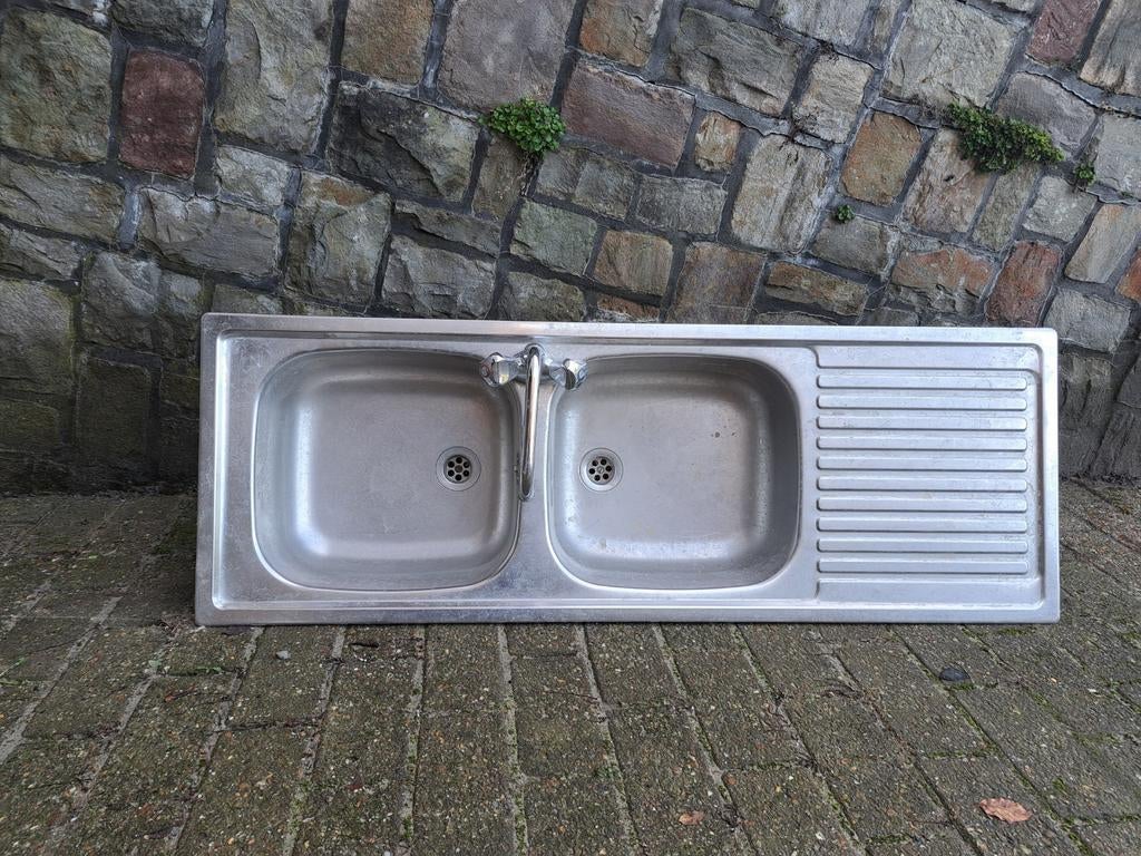 dubbele lavabo in inox. Afmetingen: 43,5 x 124 cm., Ophalen, Gebruikt, Inox, Wastafel