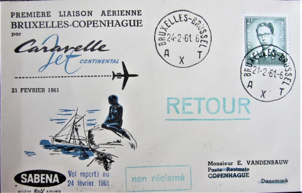 FDC SABENA- BRUSSEL- KOPENHAGEN (1961), Ophalen of Verzenden, Gestempeld, Vliegtuigen