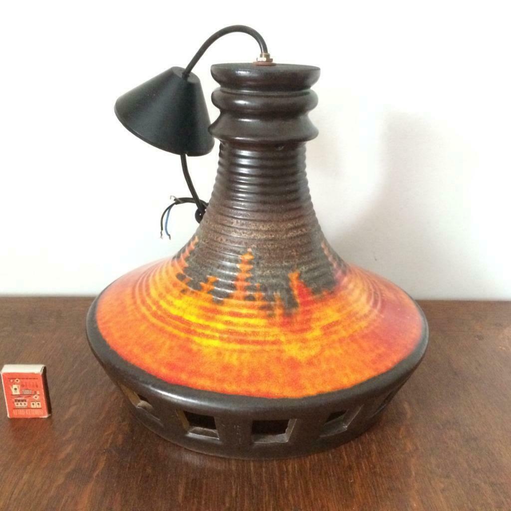 Jaren 70 kelk hanglamp groot lava vlam oranje geel bruin, Ophalen of Verzenden, Gebruikt, Rood