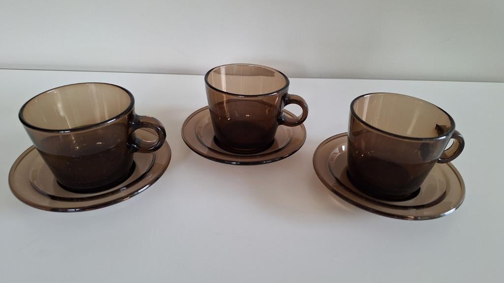 3 vintage seca tassen met ondertas. Fume glas., Antiek en Kunst, Ophalen of Verzenden