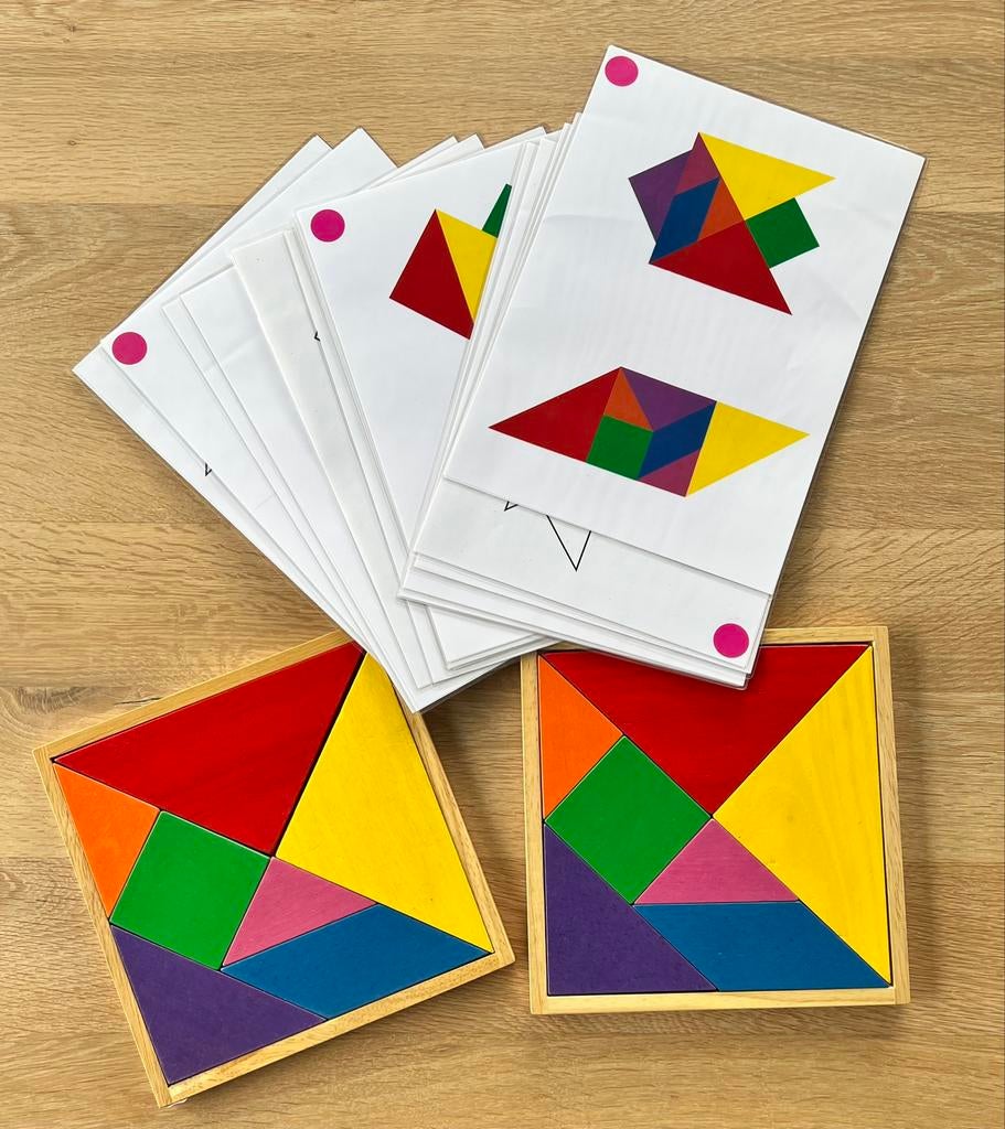 Tangram hout puzzels met steekkaarten, Ophalen of Verzenden, Gebruikt
