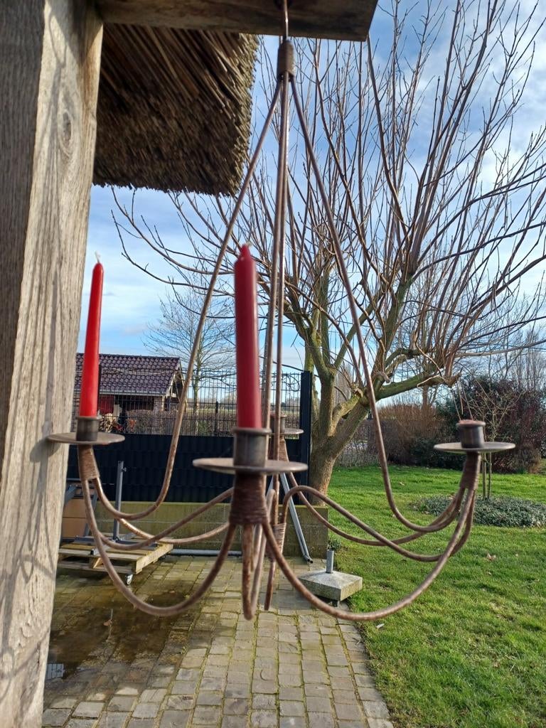 Antieke metalen  luster voor 4 kaarsen, Antiek en Kunst, Ophalen