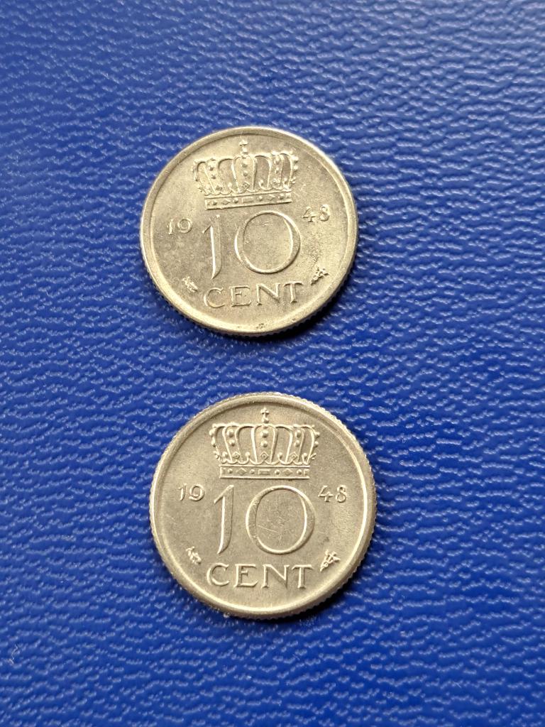 1948 Nederland 2 dubbeltje in CuNi portret NL en Curacao, Postzegels en Munten, Verzenden, Koningin Wilhelmina, 10 cent, Setje