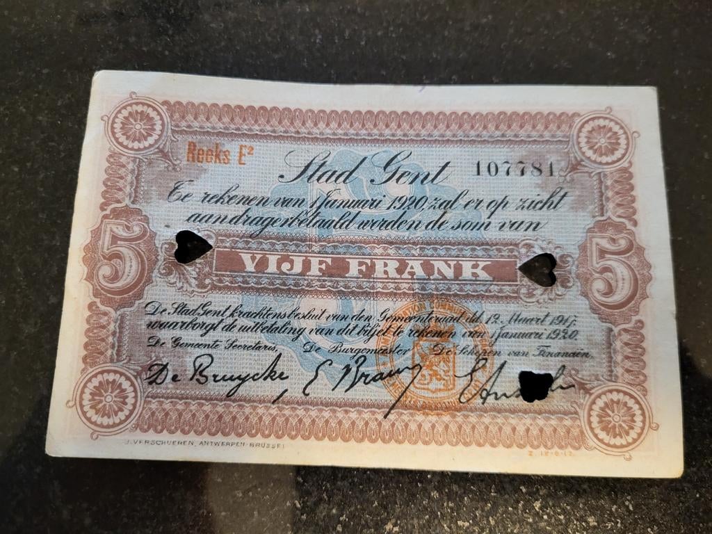 Noodticket 5fr stad Gent, Postzegels en Munten, Ophalen of Verzenden