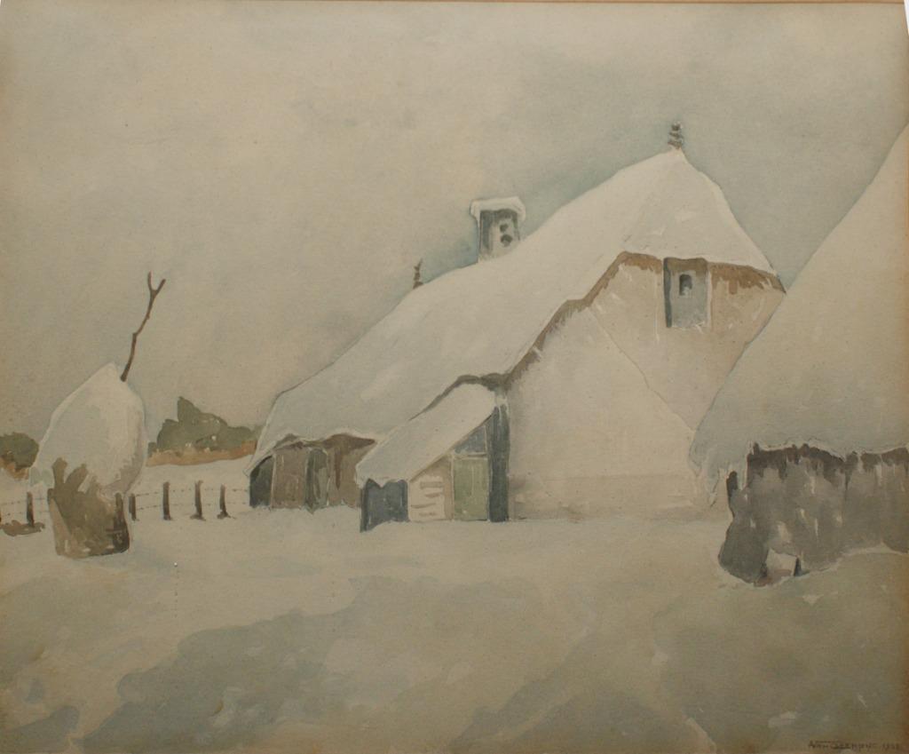 A. Van Cleemput: Winters hoevezicht 1955 (65 x 59 cm), Antiquités & Art, Enlèvement ou Envoi