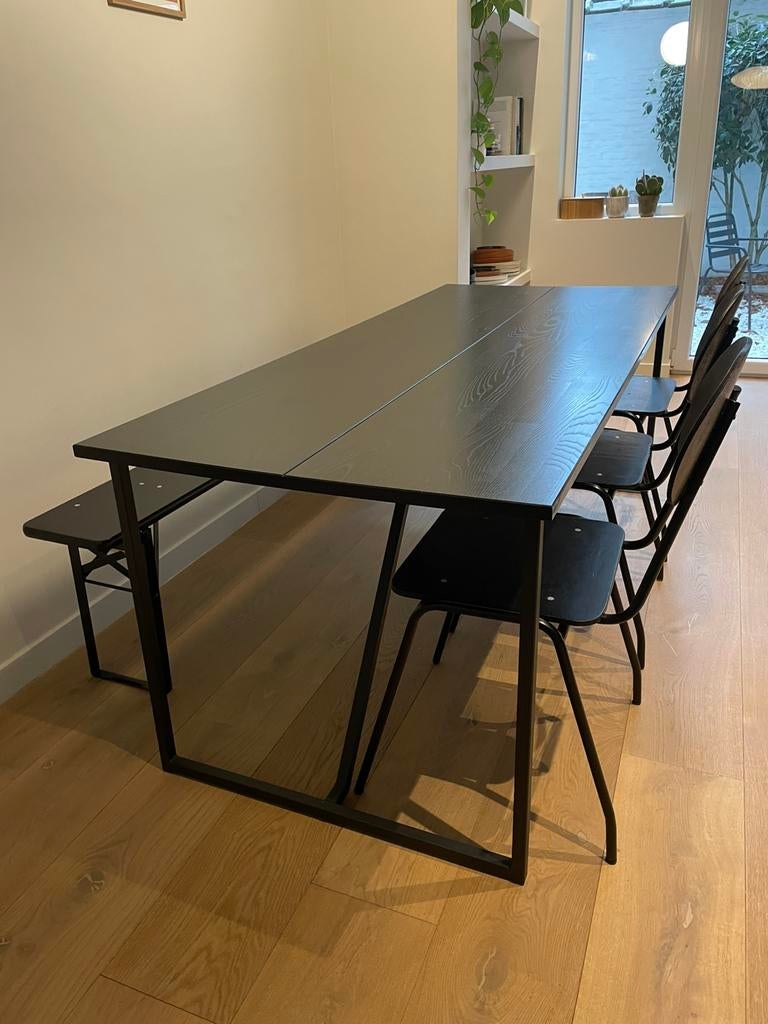 Moderne strakke eetkamerset met 3 stoelen en bank, Huis en Inrichting, Complete eetkamers, Gebruikt, 4 tot 6 stoelen, Ophalen