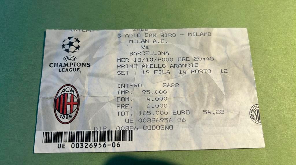 Ticket Champions League AC Milan - Barcelone 2000, Envoi, Utilisé