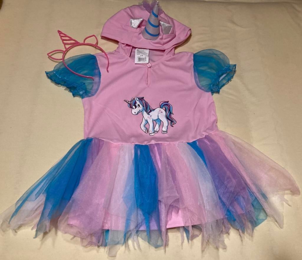 Mooie unicorn/eenhoorn jurk met kap+diadeem, Ophalen of Verzenden, Zo goed als nieuw, 122 t/m 128, Meisje