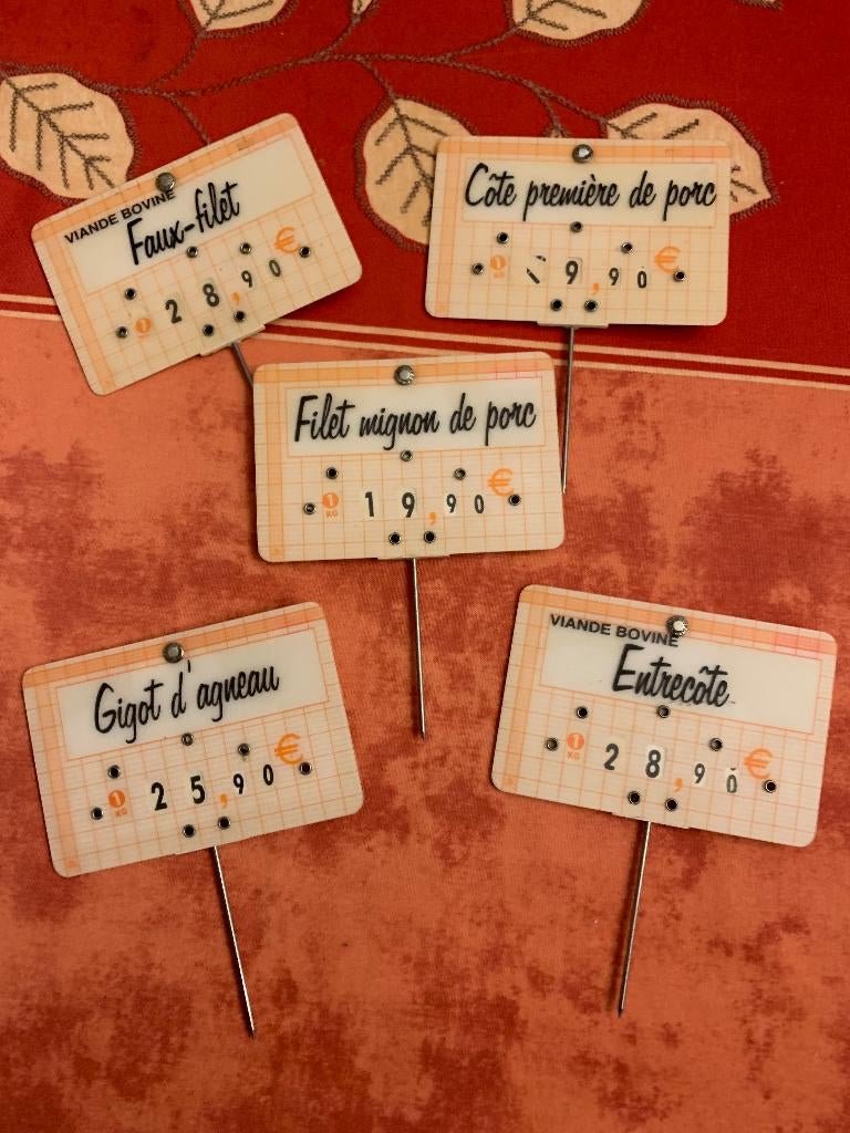 Set van 5 vintage vleesetiketten voor slagerijen, Ophalen of Verzenden, Gebruikt, Reclamebord