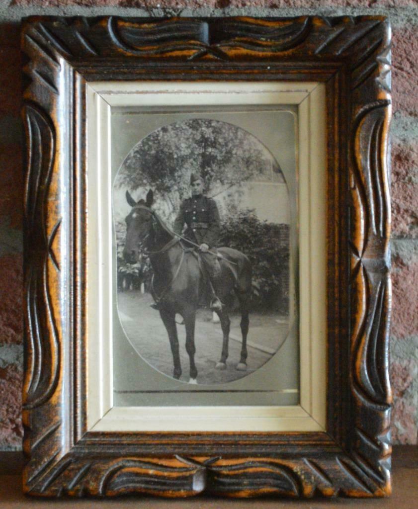 Brocante houten kadertje met militair te paard, Antiek en Kunst, Curiosa en Brocante, Ophalen of Verzenden