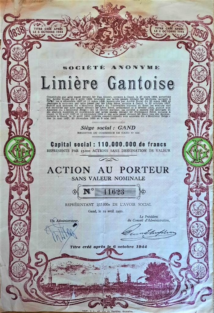 La linière Gantoise - 1950 - action au porteur, Enlèvement ou Envoi, 1920 à 1950, Action