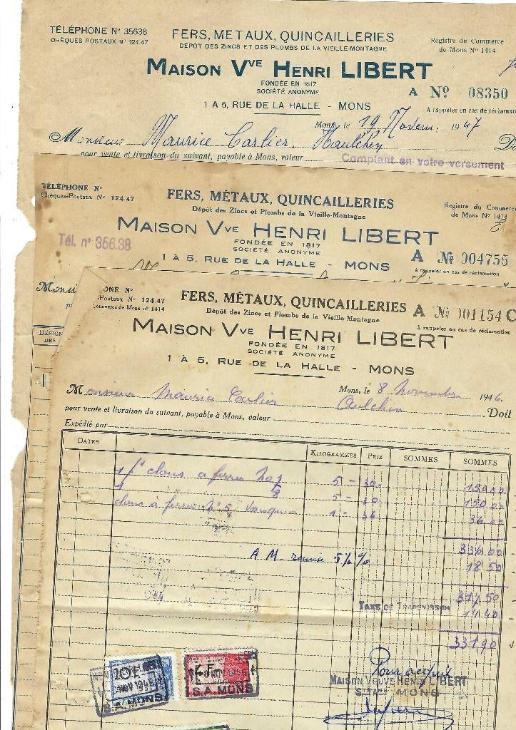 Anciennes facture v 1946-1947, Collections, Enlèvement ou Envoi, Utilisé