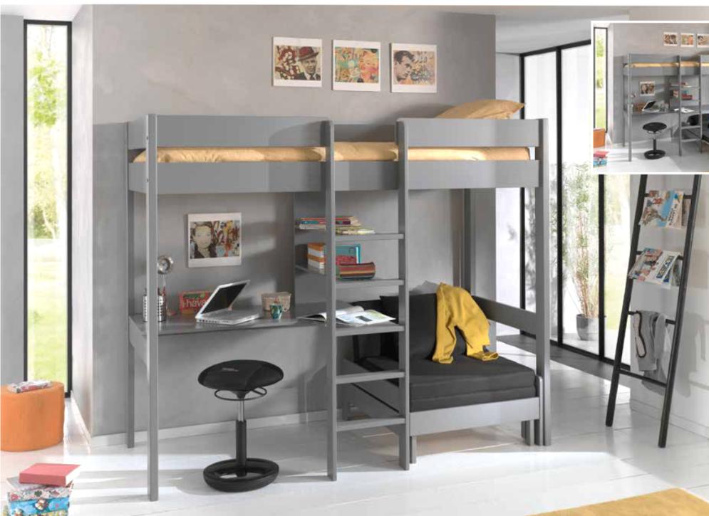Lit superposé PINO MEZZANINE gris, bureau+fauteuil intégrés, Maison & Meubles, Enlèvement, Neuf, Une personne, Lit mezzanine