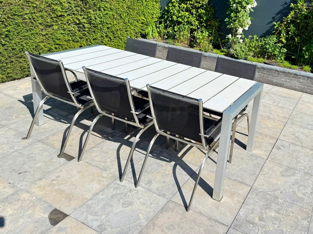 Tuintafel met 6 stoelen – complete set te koop, Tuin en Terras, Tuintafels, Ophalen, Gebruikt, Rechthoekig, Overige materialen