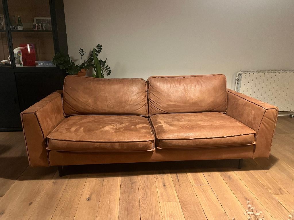 bruin lederen zetel, Huis en Inrichting, Zetels | Zetels, Gebruikt, Rechte bank, Tweepersoons, 75 tot 100 cm, Leer, Ophalen