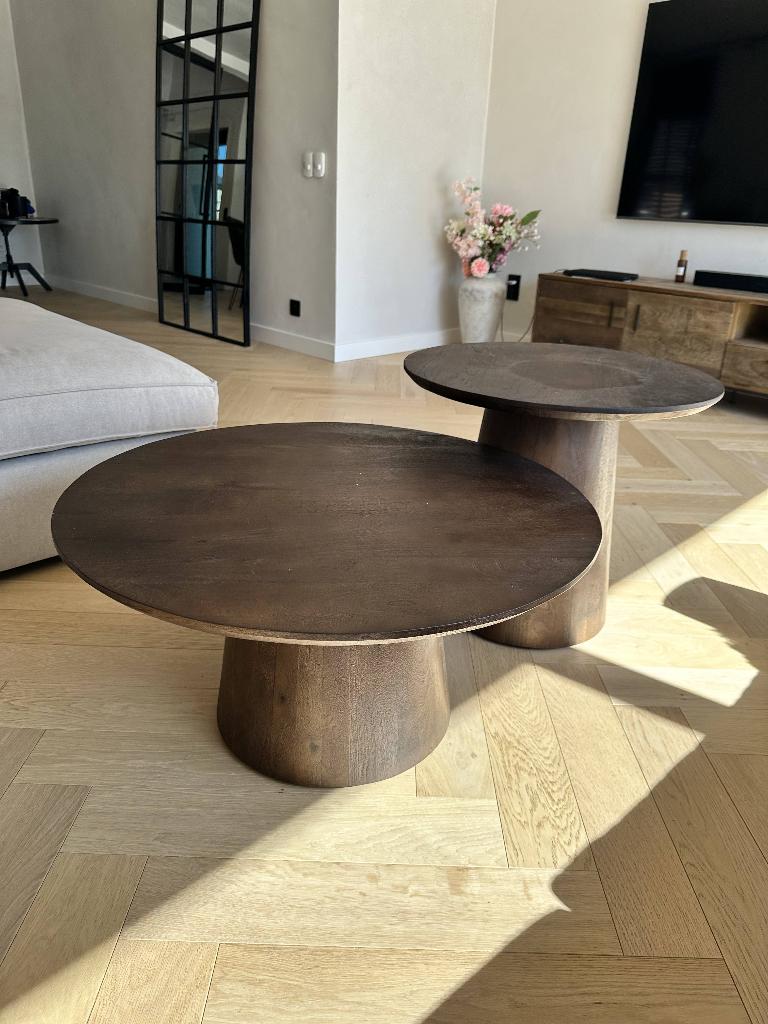 Salontafel set van 2 in donkerbruin manghout, Huis en Inrichting, Ophalen, Zo goed als nieuw, Rond, Japandi