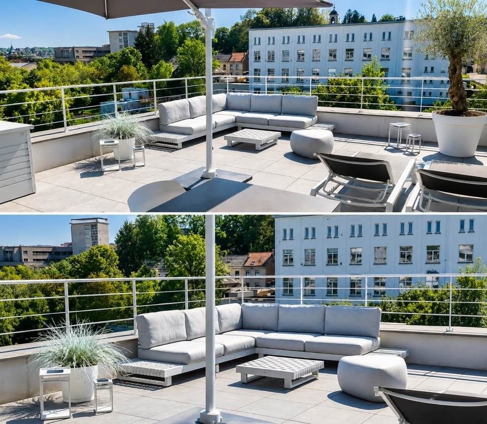 Salon de jardin haut de gamme Exterioo –Noviso + Pouff Masso, Tuin en Terras, Ophalen, Aluminium, Zo goed als nieuw, Tuinset