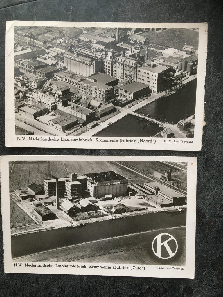 2 postkaarten Krommenie - Nederlandse Linoleumfabriek, Verzamelen, Ophalen of Verzenden