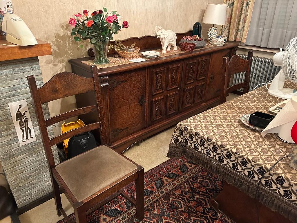 Volledige eetkamer (kast, tafel, 4 stoelen, vitrinekast), Huis en Inrichting, Ophalen, Gebruikt, Vintage, 4 tot 6 stoelen