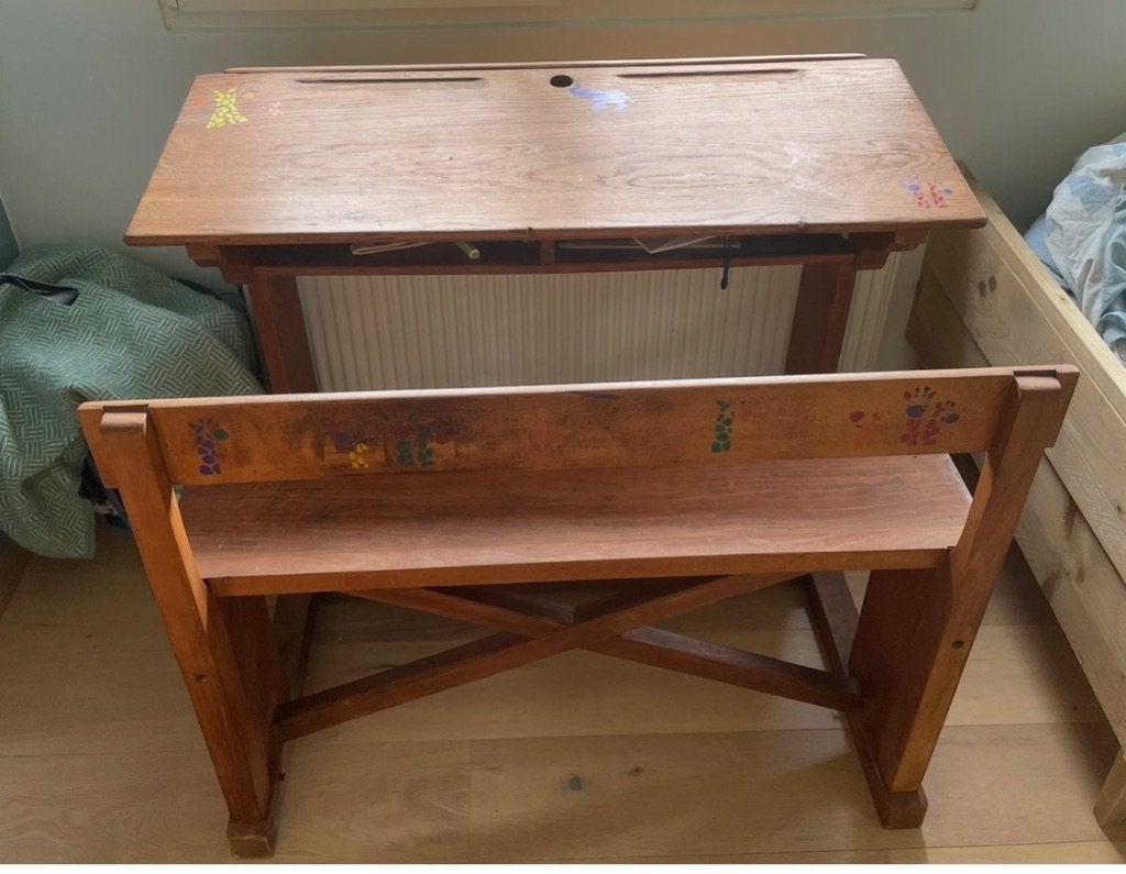Vintage schoolbank, Huis en Inrichting, Ophalen, Opbergruimte, Hout, Schoolbureau