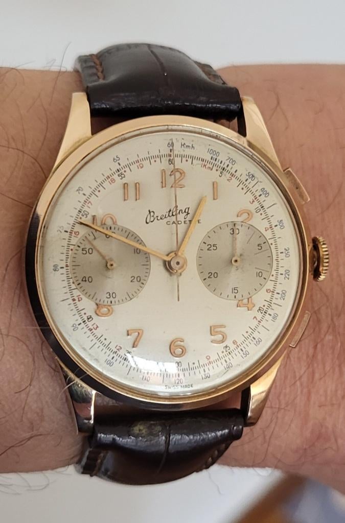 Vintage chronographe Breitling Cadette, Handtassen en Accessoires, Horloges | Heren, Verzenden, Goud, Goud, Breitling