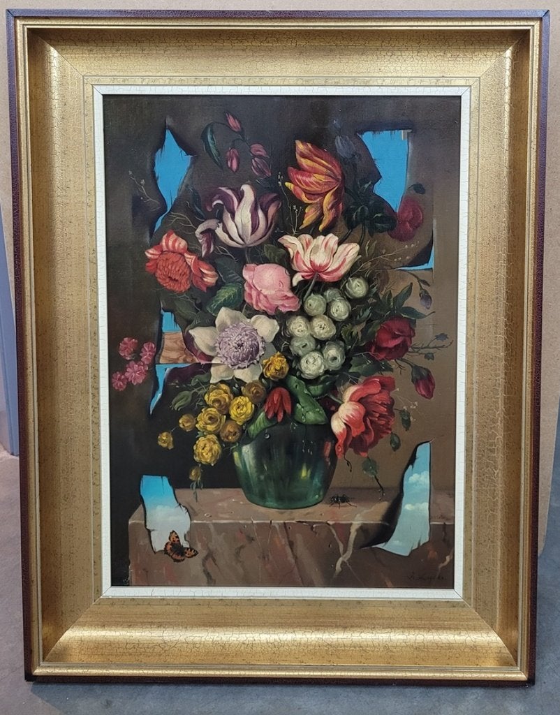 Frans LUYCKX, Surrealistisch bloemenstilleven, Antiek en Kunst, Bloemen, Doek, Surrealisme, Ophalen of Verzenden