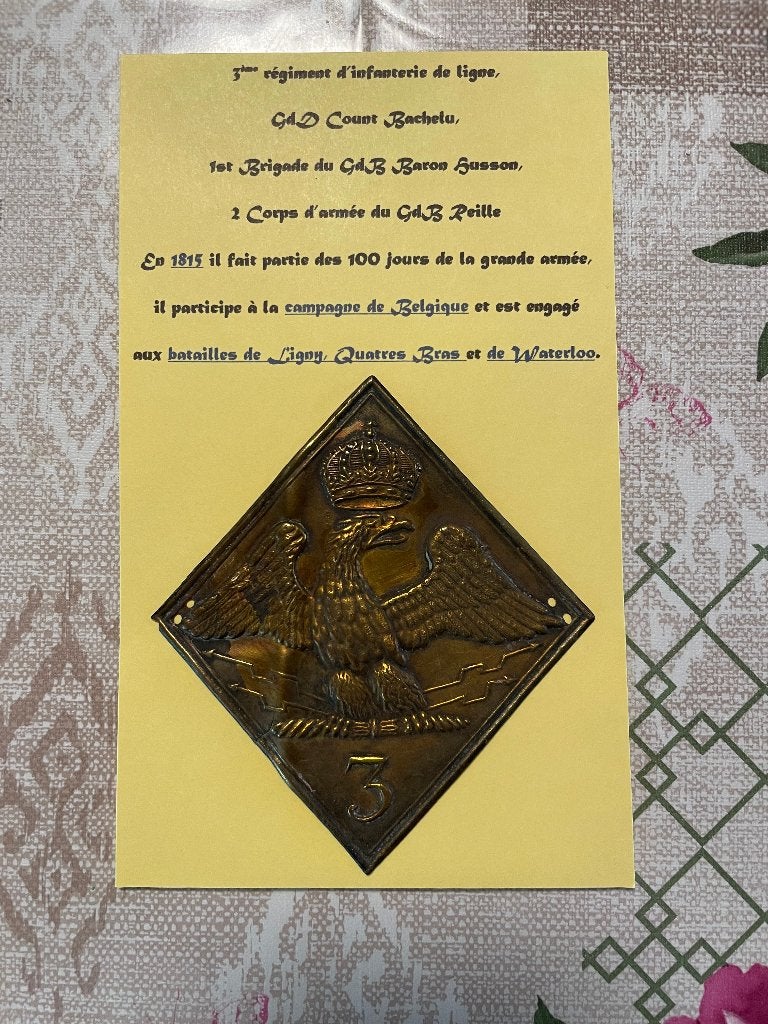 Plaque de shako 3ème de ligne premier empire, Collections, Objets militaires | Général, Enlèvement ou Envoi, Armée de terre, Emblème ou Badge