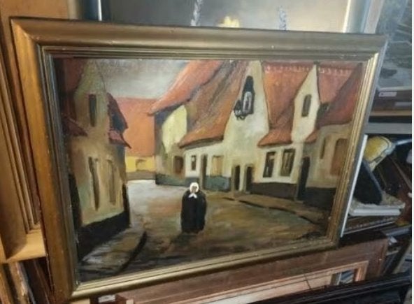 huile sur panneau ruelle animee signe a van nuffel 1930, Antiquités & Art, Enlèvement ou Envoi, Panneau