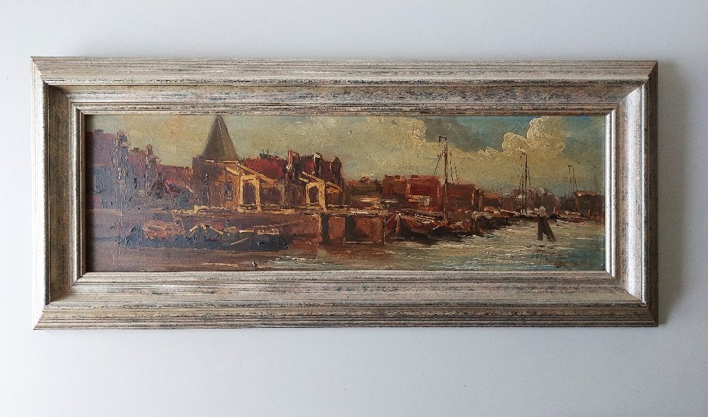 Peinture à l'huile signée - Canal d'Amsterdam, Antiek en Kunst, Kunst | Schilderijen | Klassiek, Nederlandse school, Ophalen of Verzenden