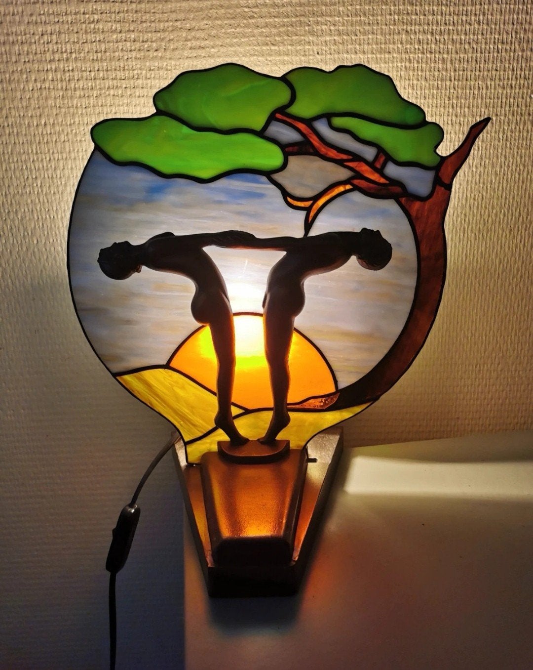 Tiffany stijl Art Déco waaiertafellamp mt zware metalen voet, Antiek en Kunst, Ophalen of Verzenden