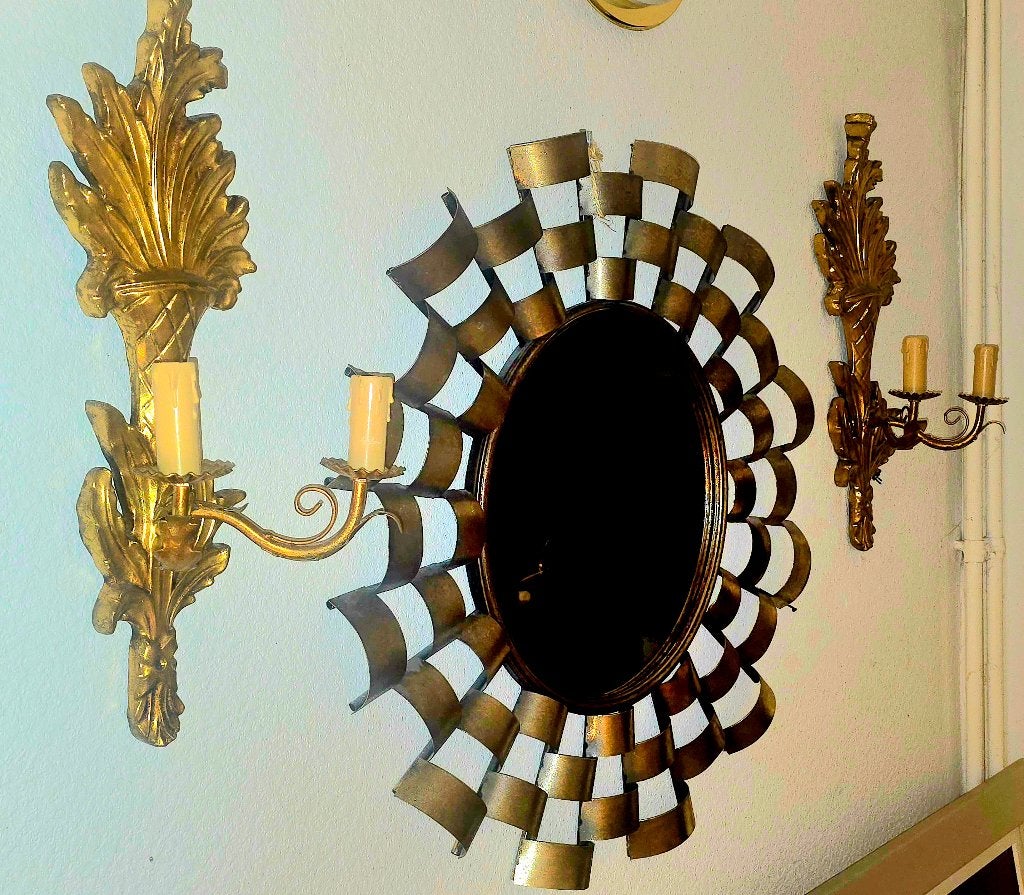 2 Appliques doré sculpté en bois Jansen Hollywood Regency, Gebruikt, Ophalen of Verzenden, Wandlamp, Solar