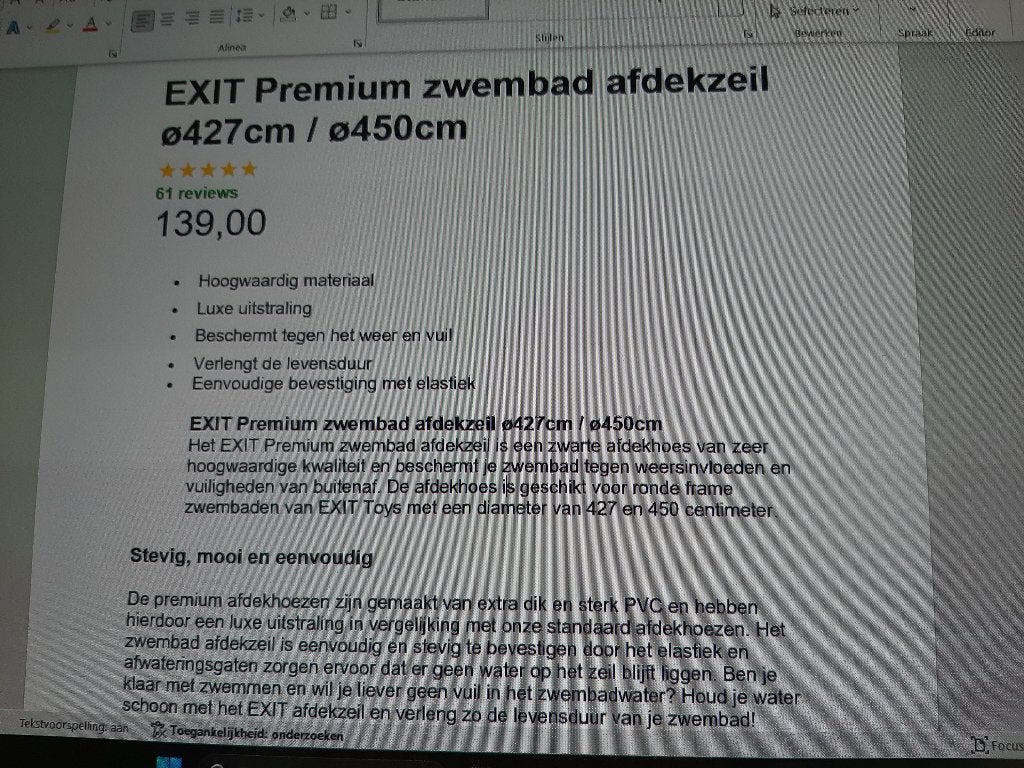 EXIT zwembad afdekzeil o 426- 450, Ophalen, Zo goed als nieuw, Afdekzeil