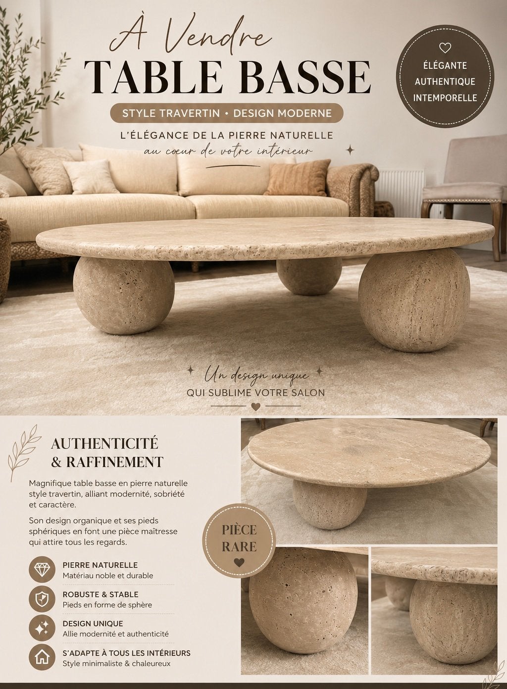 Table basse style travertin, Maison & Meubles, Enlèvement, Comme neuf