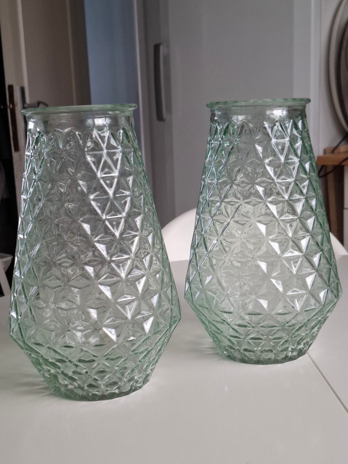 Paire de vases en verre, Enlèvement ou Envoi, Comme neuf, Vert, Verre