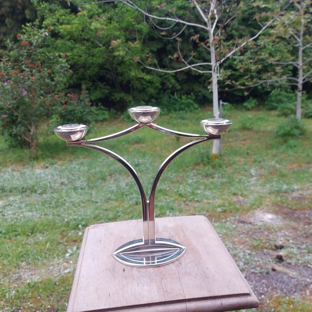 Art deco/BMF/germ /verzilverd/modernistiche/3 arm kandelaar, Ophalen of Verzenden