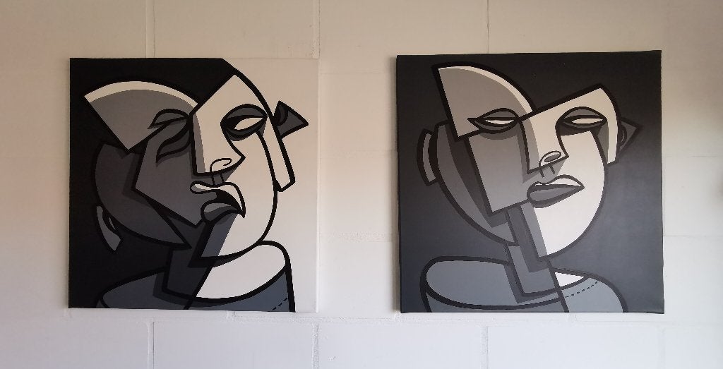 Moods - dubbelportret, Antiek en Kunst, Ophalen, Gesigneerd, Acrylverf, Portret