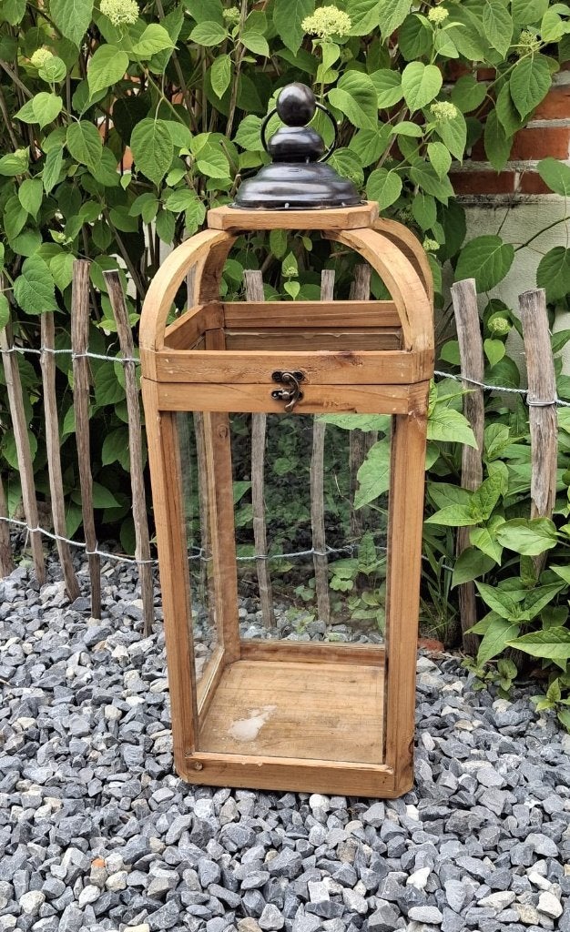 Grote houten lantaarn – landelijke / rustieke stijl, Ophalen, Gebruikt, 50 tot 75 cm, Kandelaar