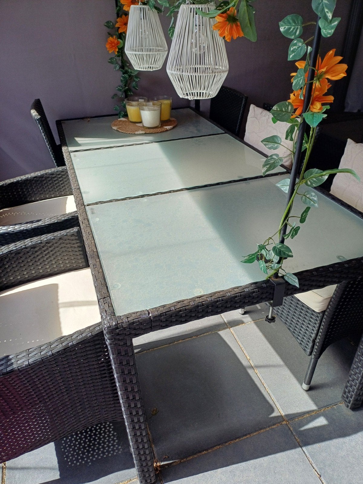 Wicker tuintafel met glazen blad en 2 stoelen, Jardin & Terrasse, Ensembles de jardin, Table à dinner, Osier, Salons de jardin