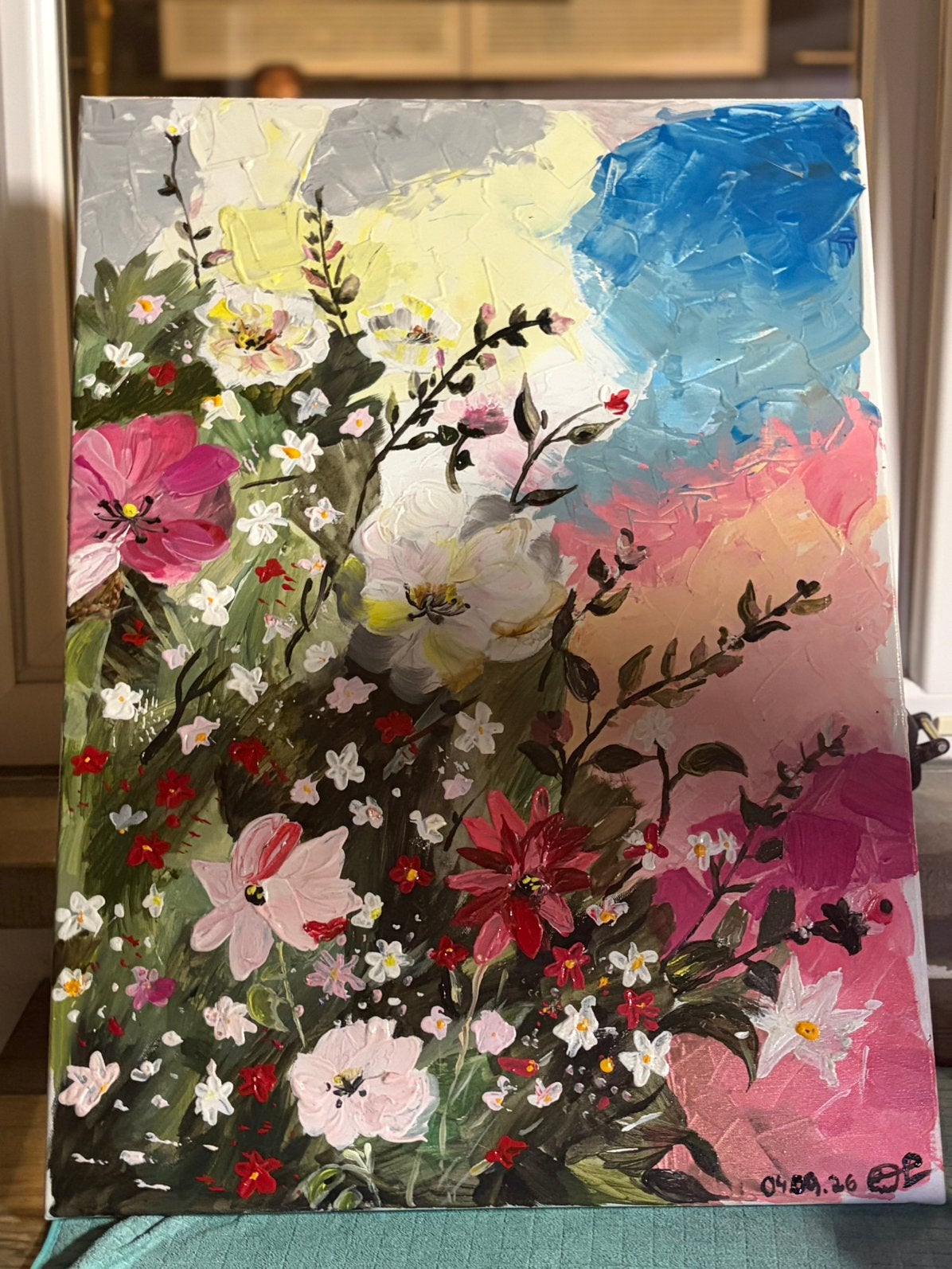 Origineel bloemen schilderij op canvas – uniek kunstwerk, Antiek en Kunst, Ophalen of Verzenden