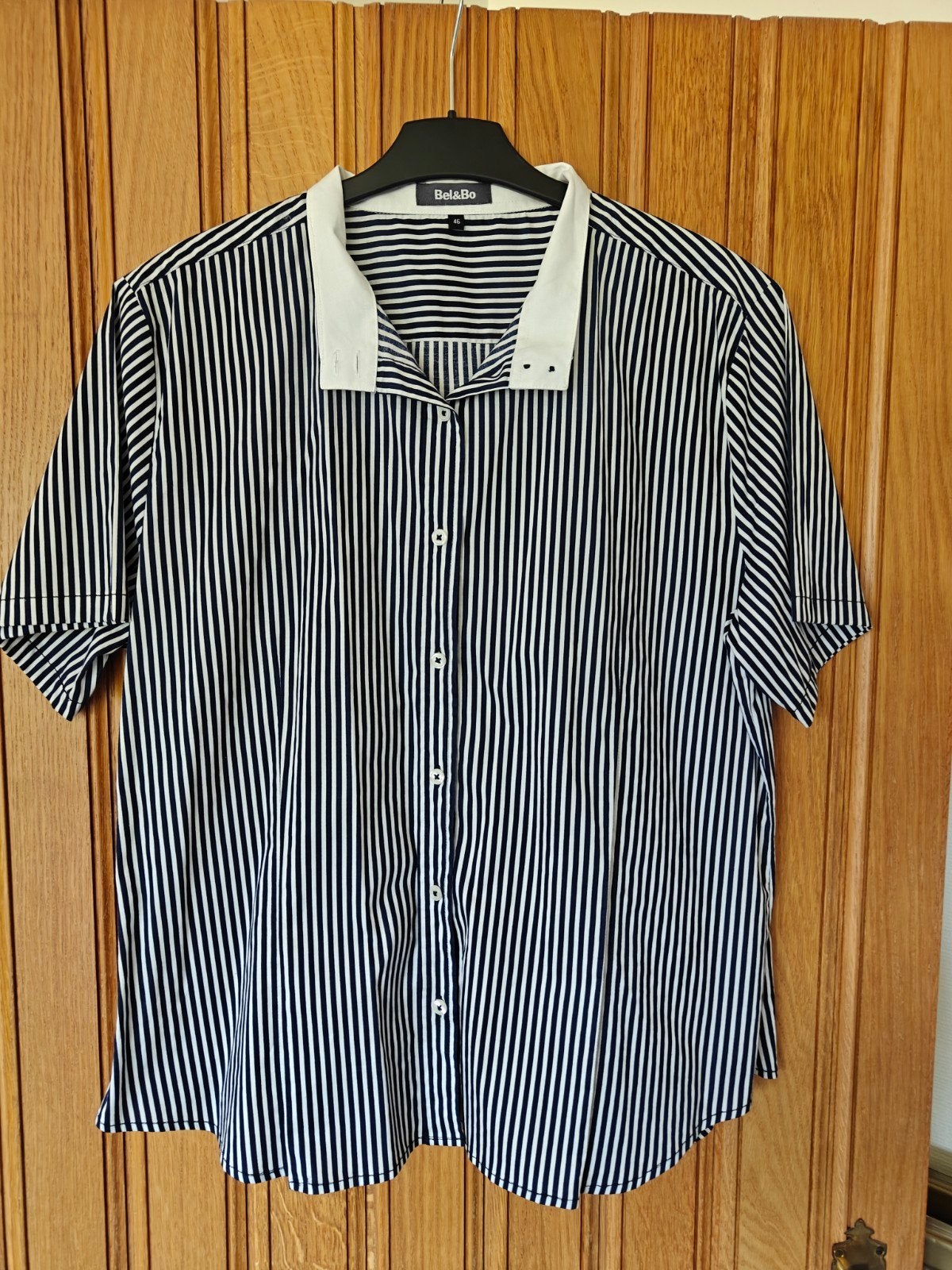 Donkerblauw-wit gestreepte bloes maat 46, Ophalen of Verzenden, Maat 46/48 (XL) of groter, Wit