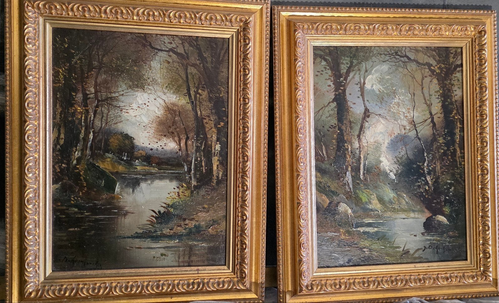 Paire de paysages anciens – cadres dorés, Antiek en Kunst, Kunst | Schilderijen | Klassiek, Ophalen