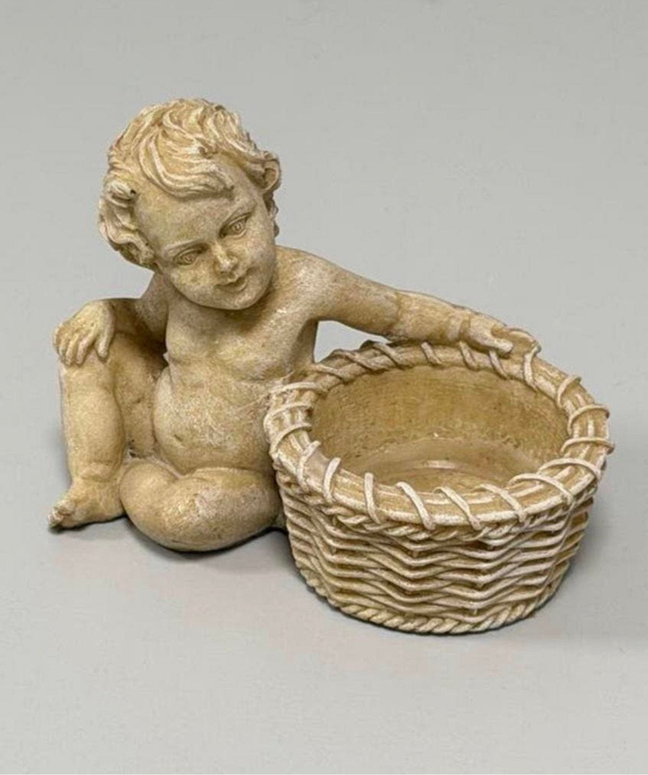 Vintage engel baby beeldje met mand | decoratief schaaltje, Ophalen of Verzenden