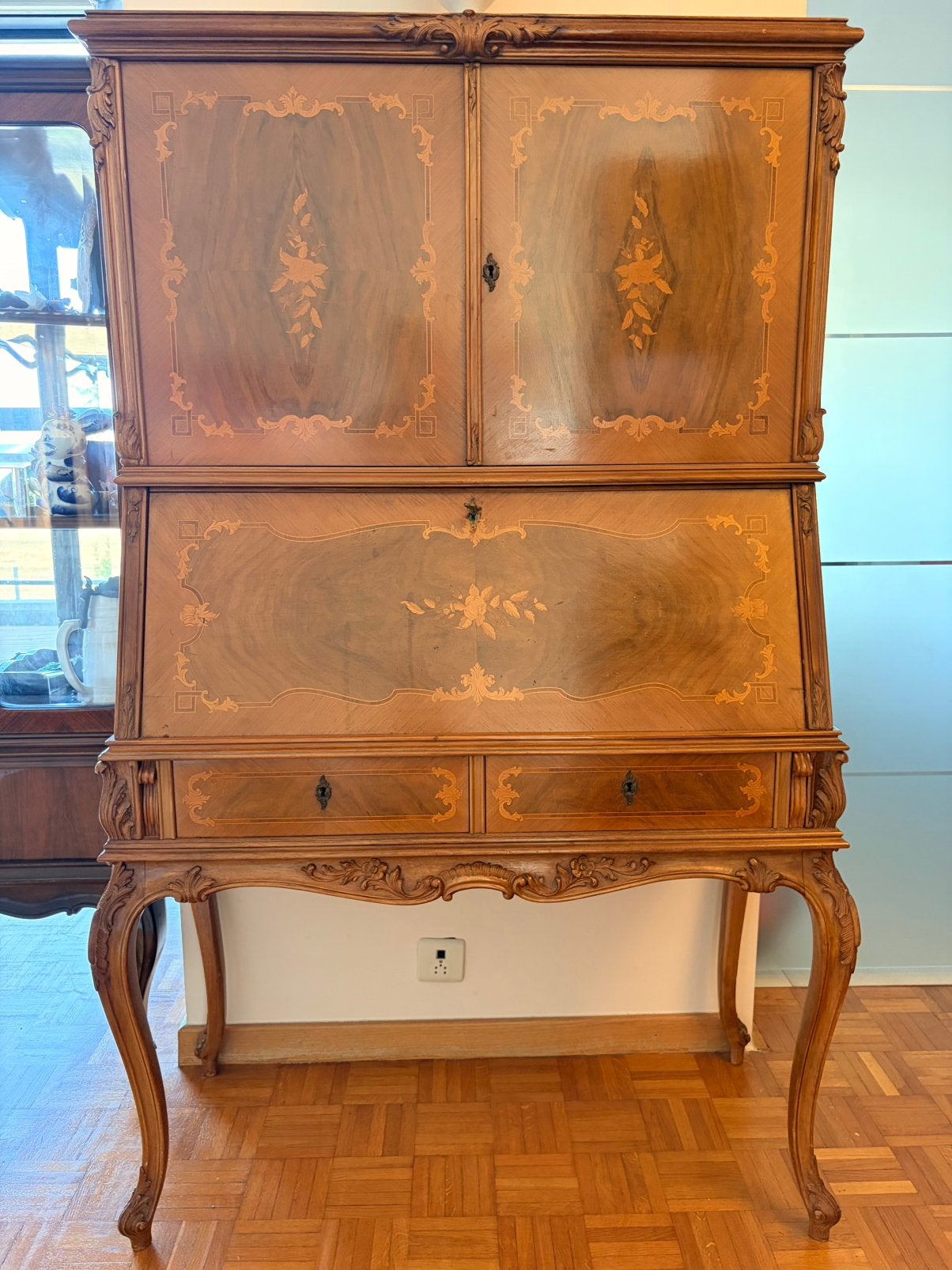 Elegante Louis XV-stijl secretaire met marqueterie – Vintage, Ophalen, Gebruikt
