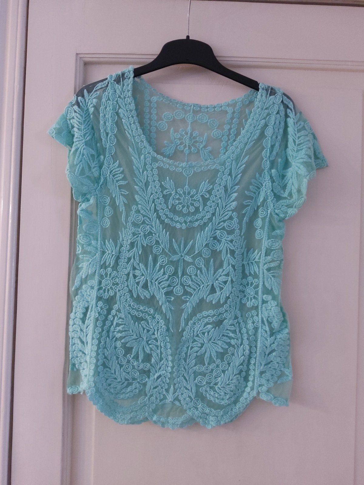 turquoise top, merk en maat onbekend, Kleding | Dames, Topjes, Ophalen of Verzenden, Zo goed als nieuw, Korte mouw