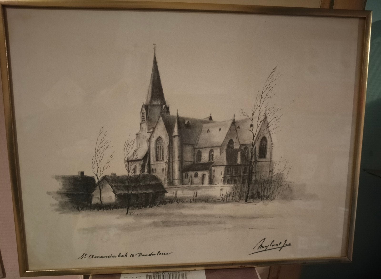 Oude ingekaderde tekening st. Amandskerk Denderleeuw, Ophalen