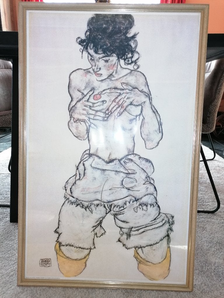 Egon Schiele, Femme à demi nue agenouillée (1917), Antiquités & Art, Art | Lithographies & Sérigraphies, Encadré, Enlèvement, Portraits et figures