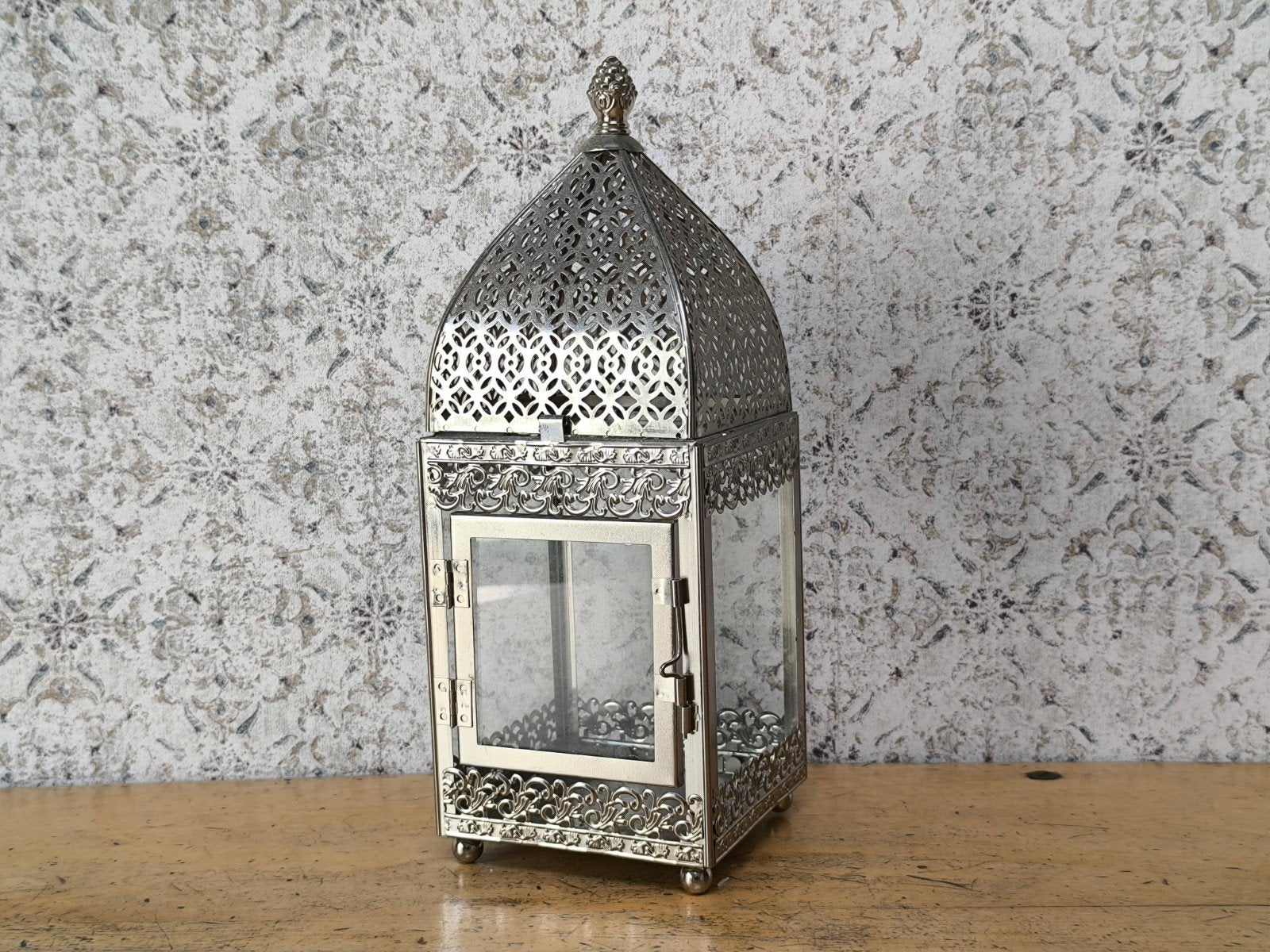 Oosterse lantaarn (kaarshouder) in metaal & glas. (29cm), Ophalen, Gebruikt, Glas, 29 cm
