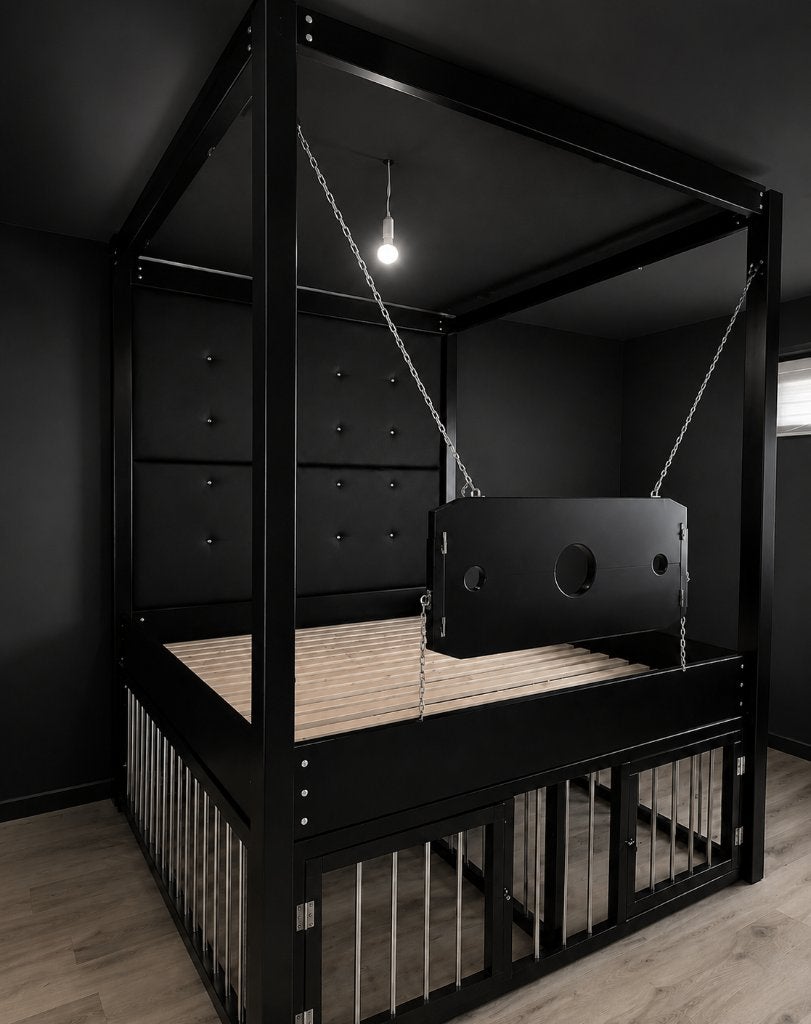 Zwart Bondage bed met schandblok en kooien, Huis en Inrichting, Slaapkamer | Bedden, Ophalen, Bdsm, Zwart, Tweepersoons