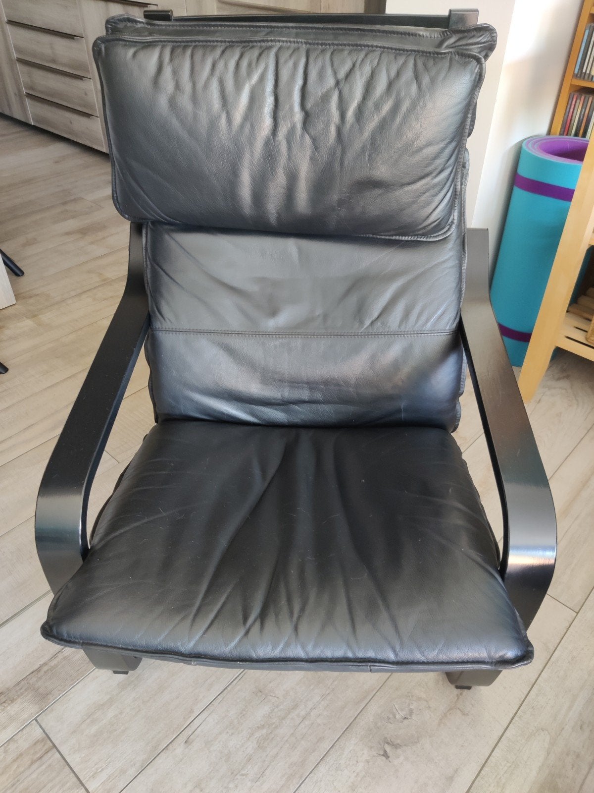 2 fauteuils inclinables rétro vintage, cuir noir, assise con, Enlèvement, Utilisé, Bois, Vintage retro