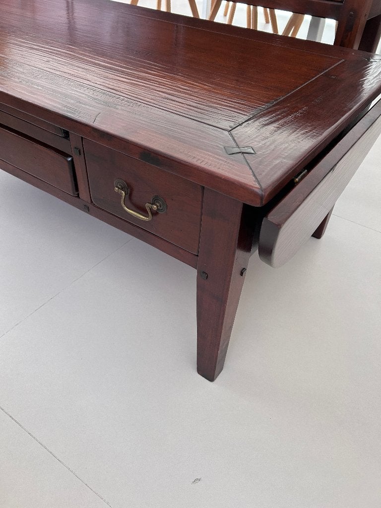 Robuuste houten salontafel met uitklap + sidetable/dressoir, Huis en Inrichting, Ophalen, Gebruikt, 100 tot 150 cm, Koloniaal
